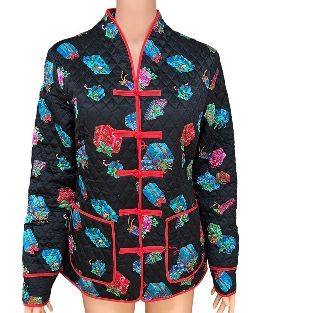 Anne Carson vintage 100% silk Christmas presents print size S toggle closure